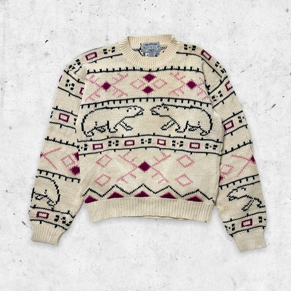 Vtg 90s Royal Robbins Adventure Bear Southwestern Aztec Print Sweater, AOP, M